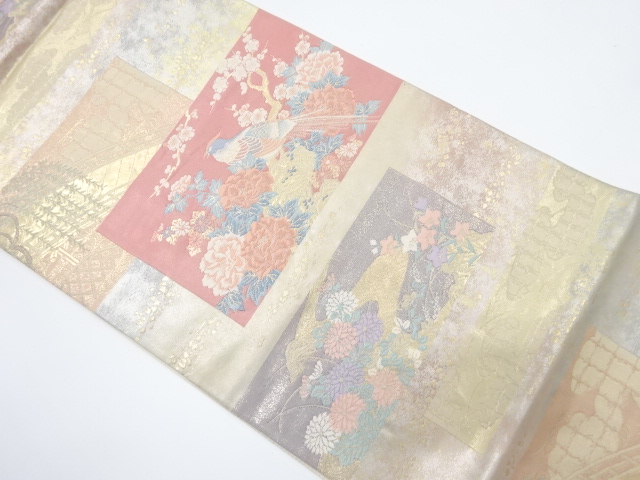 横段に花鳥模様織り出し　袋帯